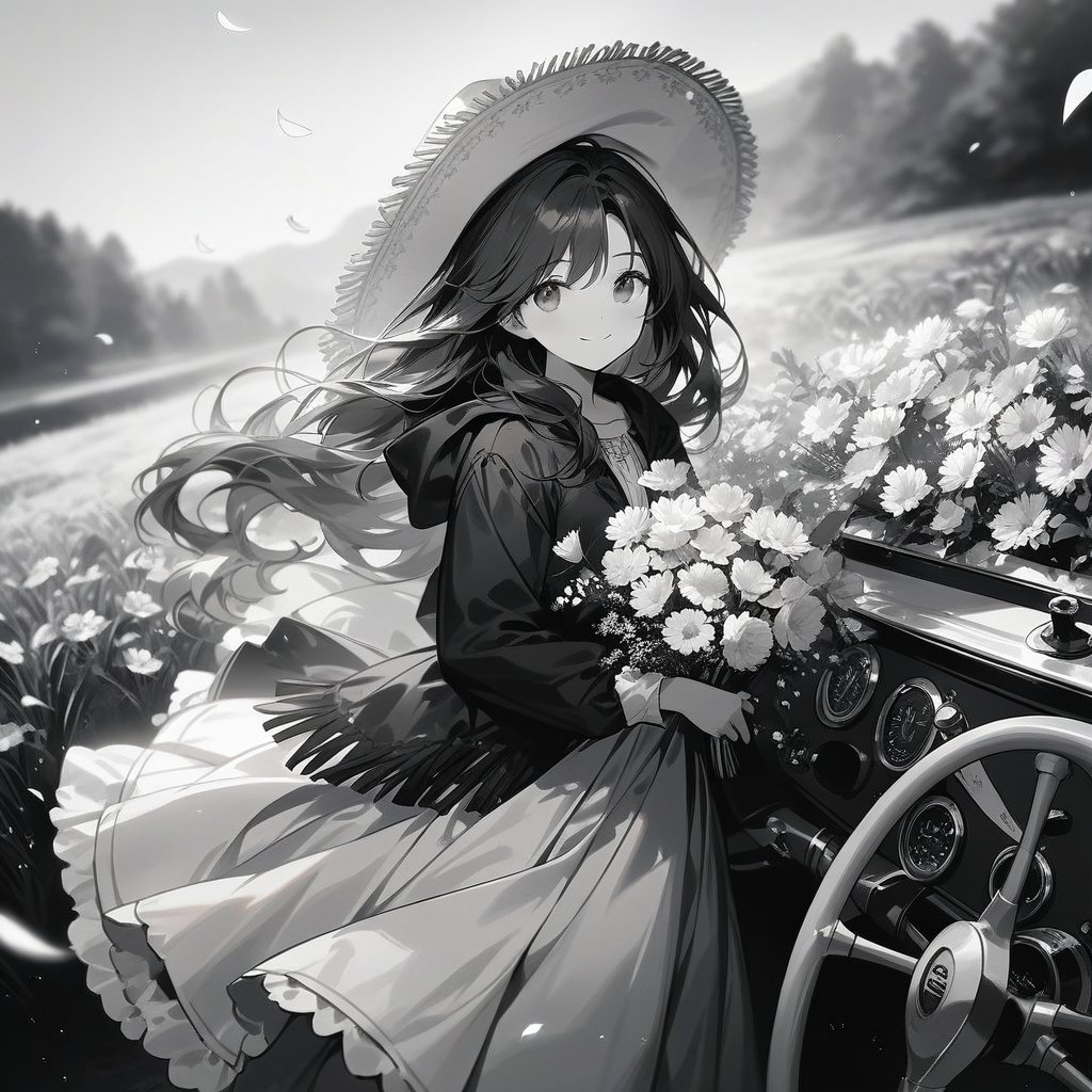 ((Masterpiece, Best quality)), Barbie doll, alone, long hair, looking at viewer, smiling, fringe, skirt, shirt, long sleeves, sombrero, dress, bow, participating, closed mouth, flower, steering wheel, flor del cabello, flower petals, ramo de flores, clamp flower, steering wheel centrales, hood, holding bouquet, field, flower, line art, monochrome
