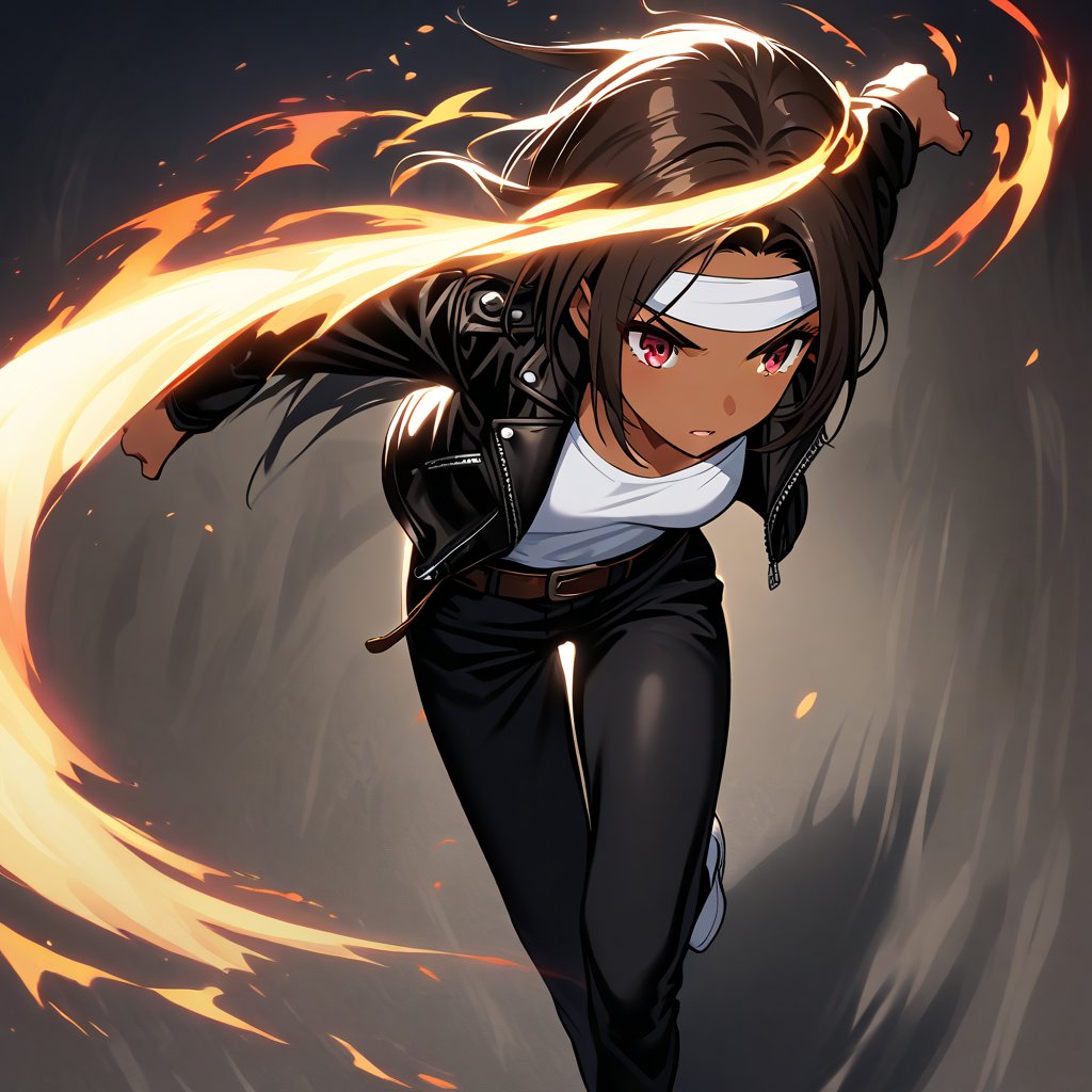 A dynamic shot of a young woman in motion! From a high angle, we see her sprinting through the scene, arms pumping in her rolled-up black leather jacket sleeves. Her dark hair whips back and forth as she runs, fingers gloved in fingerless black leather. The white headband around her forehead stands out against her dark skin tone. Red eyes gleam with determination as she adds bread to a bag, her white T-shirt stretching across her chest. Black pants and brown belt complement the outfit, while white shoes flash beneath her rapid footsteps. The atmosphere is one of urgency, capturing the essence of a student hurrying to school.