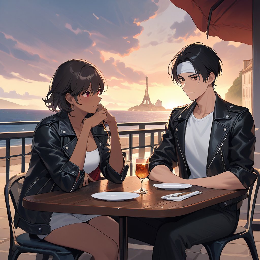 Orochiquillo, dark skin, couple, two people, man and woman, red eyes, ((black leather jacket with rolled up arms)), fingerless gloves, black hair, white T-shirt, ((white headband)), black pants, white shoes, brown belt, handsome, shot, charming, masterpiece, high resolution, detailed face, fine grain, day, rainy Rainy sky, Confident surprised face, With lover, Promenade des Anglais, Dining on terrace, Drinking brandy in rocks glass, Raining, France, Palm facing up, Concerned about rain leg, Sitting cross-legged