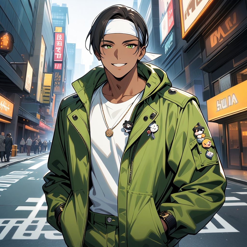 Orochikyo, 1 person, alone, Dark Skin,Light green jacket, Fingerless gloves, White T-shirt, White headband, Light green trousers, White shoes, whole body, good looking, charm, masterpiece, High resolution, Detailed face,fine grain, A confident smile,In New York City