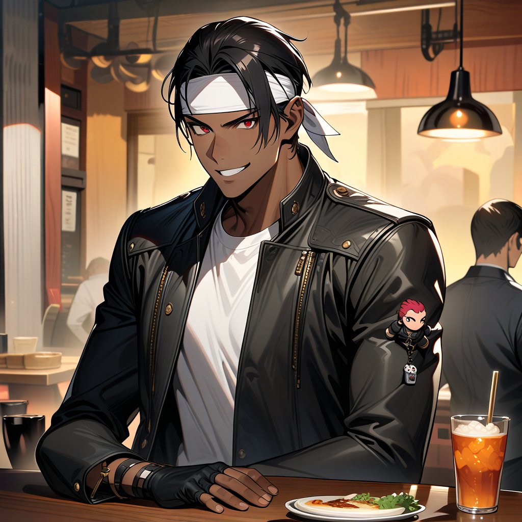 Orochikyo, Dark Skin,Red eyes,Black jacket, Fingerless gloves, White T-shirt, White headband, Black trousers, White shoes, Brown belt, good looking,indoor, charm, masterpiece, High resolution, Detailed face,fine grain, A confident grin,Dining with friends at a restaurant,speaking