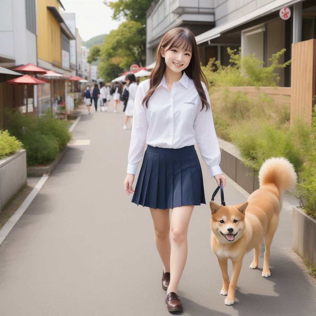 Japanese high school girl walking small reddish brown Shiba Inu, stylish school uniform (white shirt and skirt), medium hair, confident smile, walking in shopping street. (Top quality, 8K, Masterpiece:1.3), highly detailed, realistic, high resolution