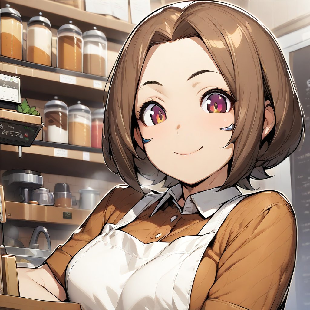 (masutepiece, Best Quality, Ultra High Resolution),1girl in,Short hair, Brown hair, beautiful and detailed face, Detailed eyes,Cafe clerk in apron, in a cafe,(in your 40s)((a smile))