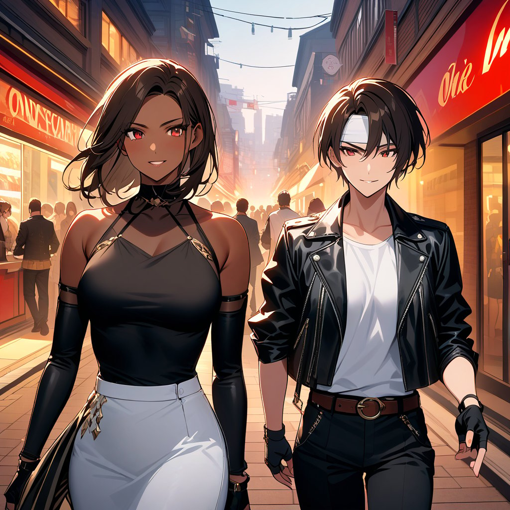 A breathtakingly clear 8K masterpiece! In a vibrant shopping street setting, two stunning young women, radiant with confident smiles, engage in lively conversation. One's dark hair is styled short, while the other's dark skin glows under red eyes. They're dressed to impress: one dons a black leather jacket with rolled-up arms, fingerless gloves, and a white T-shirt, paired with black slacks and white shoes secured by a brown belt. The other wears a similar ensemble, including a black long-sleeved top, white shoes, and a brown belt. Their faces are meticulously detailed, as are their fingers, adorned with a white headband that adds a touch of elegance to this dynamic duo's stylish getup.