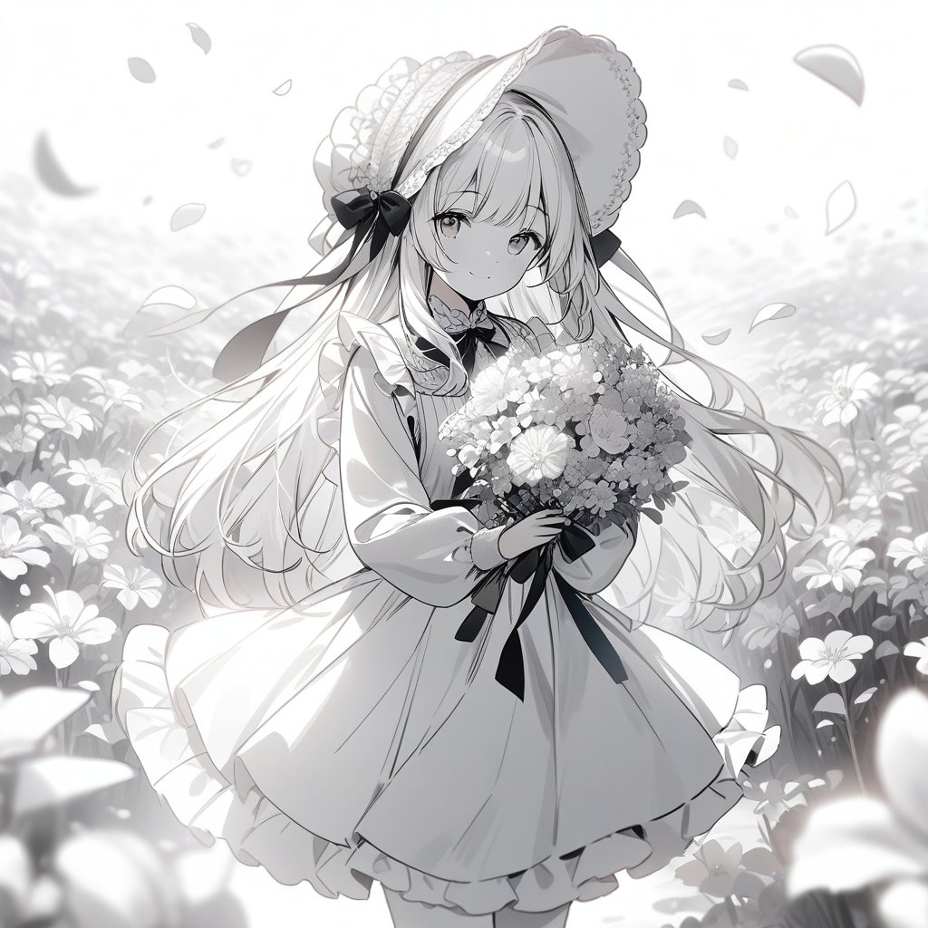 masterpiece, best quality, 1girl, solo, long_hair, looking_at_viewer, smile, bangs, skirt, shirt, long_sleeves, hat, dress, bow, holding, closed_mouth, flower, frills, hair_flower, petals, bouquet, holding_flower, center_frills, bonnet, holding_bouquet, flower field, flower field, lineart, monochrome,