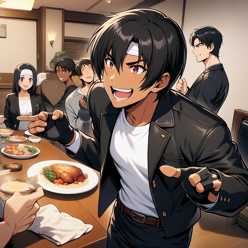 Orochiyo, dark skin, red eyes, black jacket, fingerless gloves, black hair, white T-shirt, white headband, black slacks, white shoes, brown belt, handsome, indoor, charm, masterpiece, high resolution, detailed face, fine grain, confident surprised face, school trip, dinner with friends at accommodation, laughing and talking