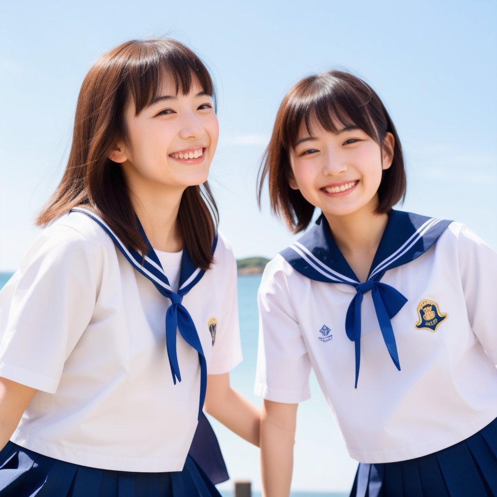 ((Best quality, 8K, masterpiece:1.3)), Japanese high school girl with short bob hair, wearing a sailor uniform, happily interacting with a Shiba Inu, confident smile, happy expression, seaside location, blue sky