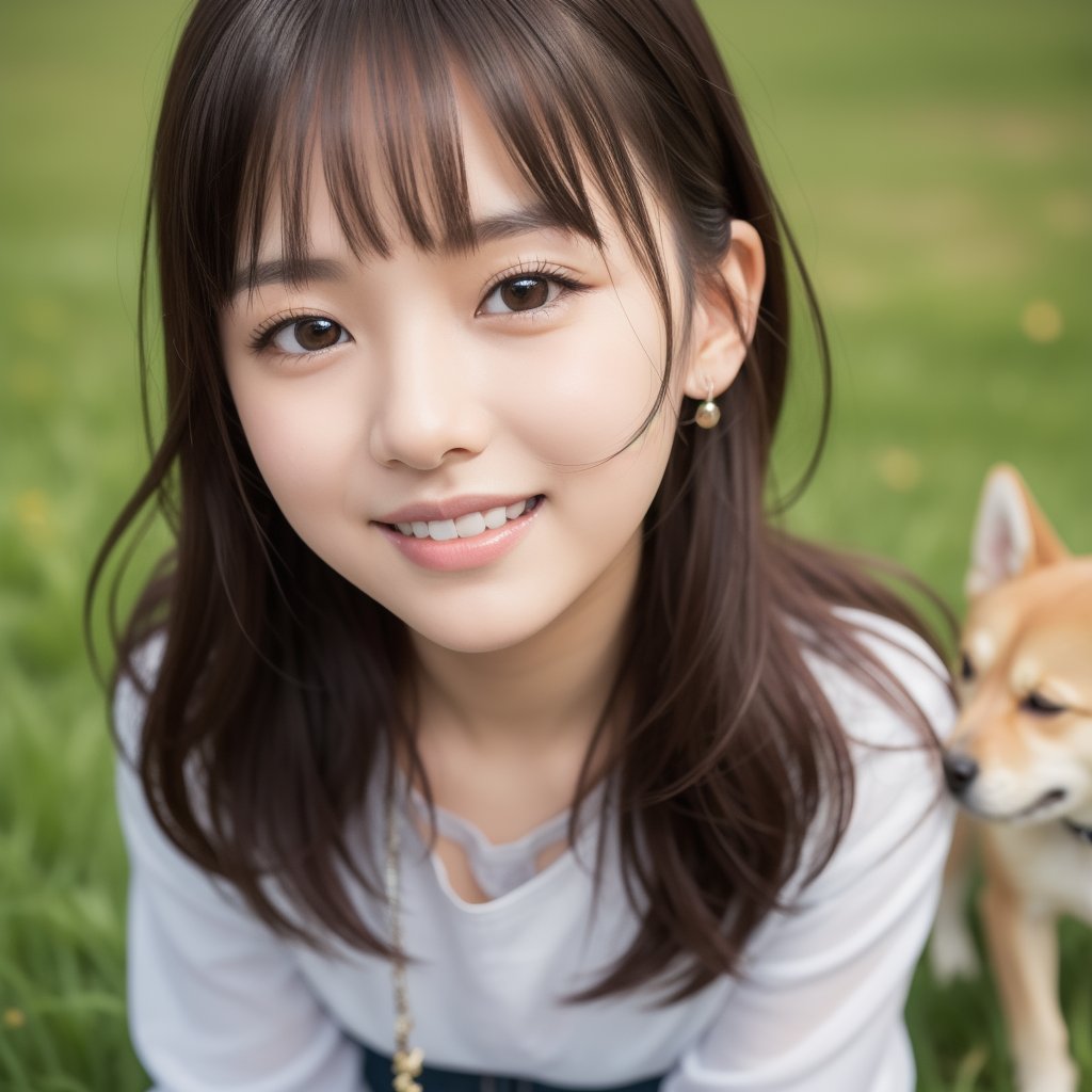 (Details of a very cute face), (highest quality:1.4), 8K resolution, High resolution, 1 girl, pretty girl, Best cute, Super cute detailed face, smooth skin, Beautiful eyes with attention to detail, Fine skin texture, , parted lips, Japanese, low length, casual fashion, smile, Shiba Inu puppy, lead, Walking a Shiba Inu puppy, grassland