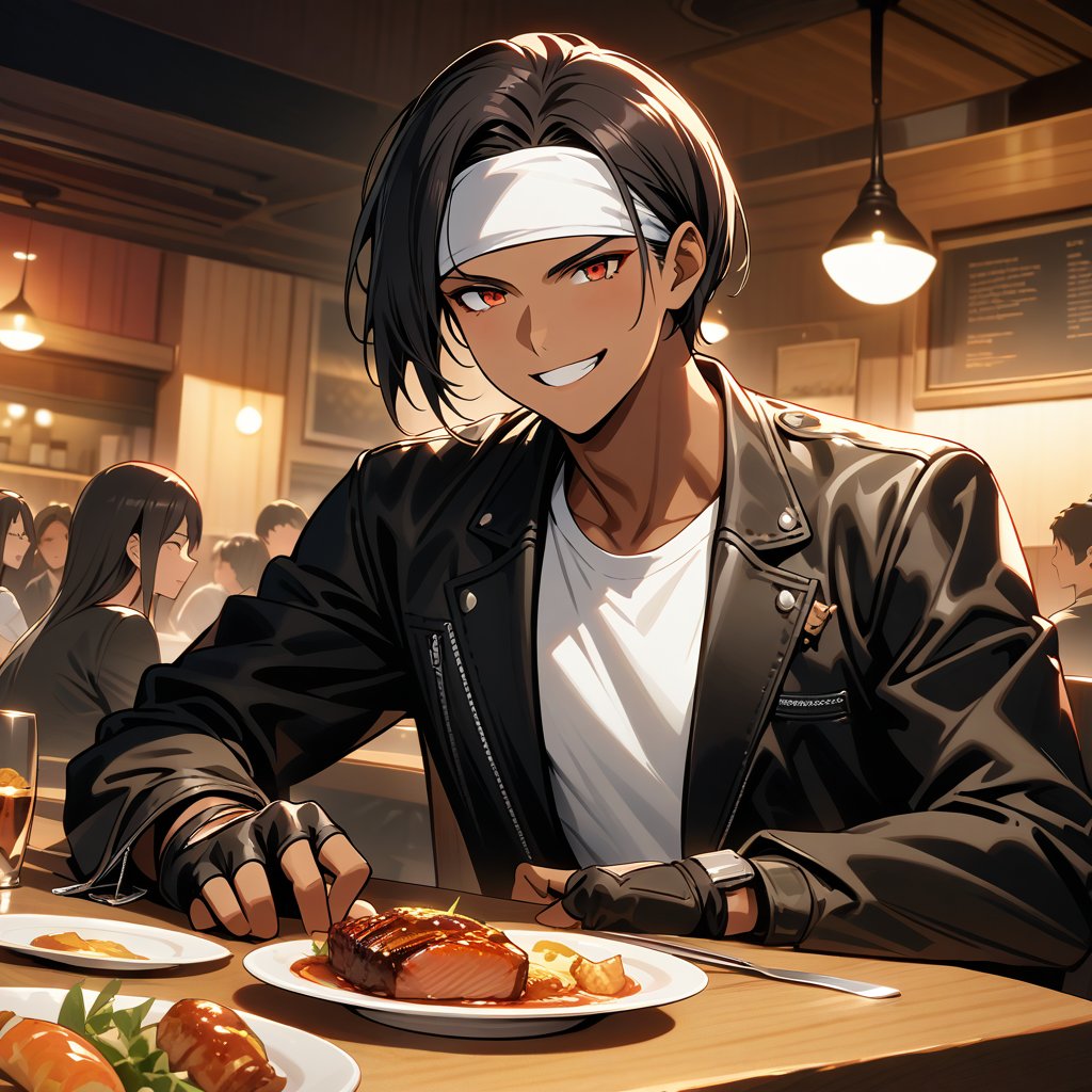 Orochikyo, Dark Skin,Red eyes,Black jacket, Fingerless gloves, White T-shirt, White headband, Black trousers, White shoes, Brown belt, good looking,indoor, charm, masterpiece, High resolution, Detailed face,fine grain, A confident grin,Dining with friends at a restaurant,speaking