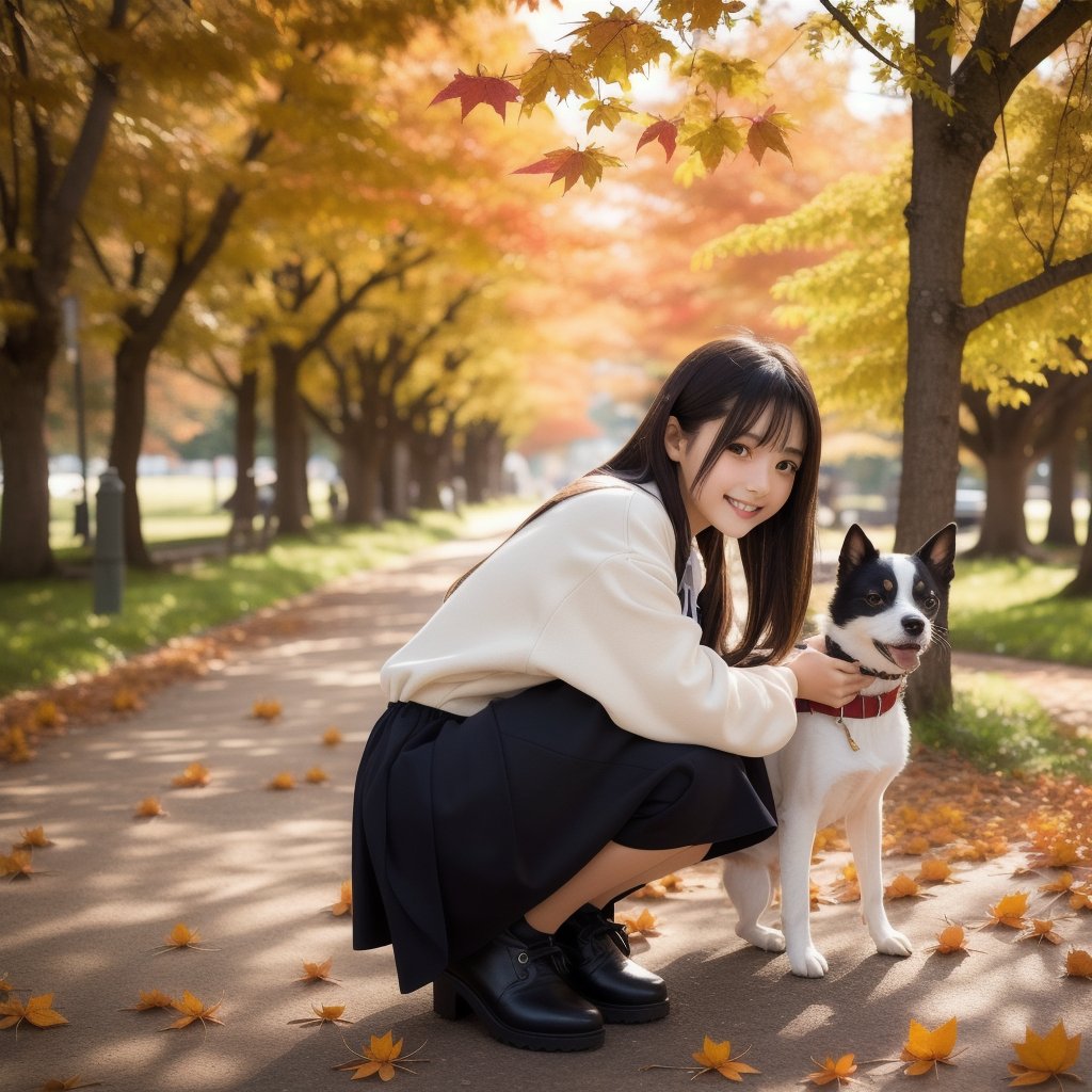 (top-quality、​masterpiece:1.2)、Best Quality、realisitic、photoshot、hight resolution、1080p、8K、Textured skin、Physical Rendering、1 Japan Girls、High school students、kawaii、Young Face、Rolled hair、(Autumn outfit:1.5)、a park、Holding a small dog、crouching down、full of shyness、smil、Big