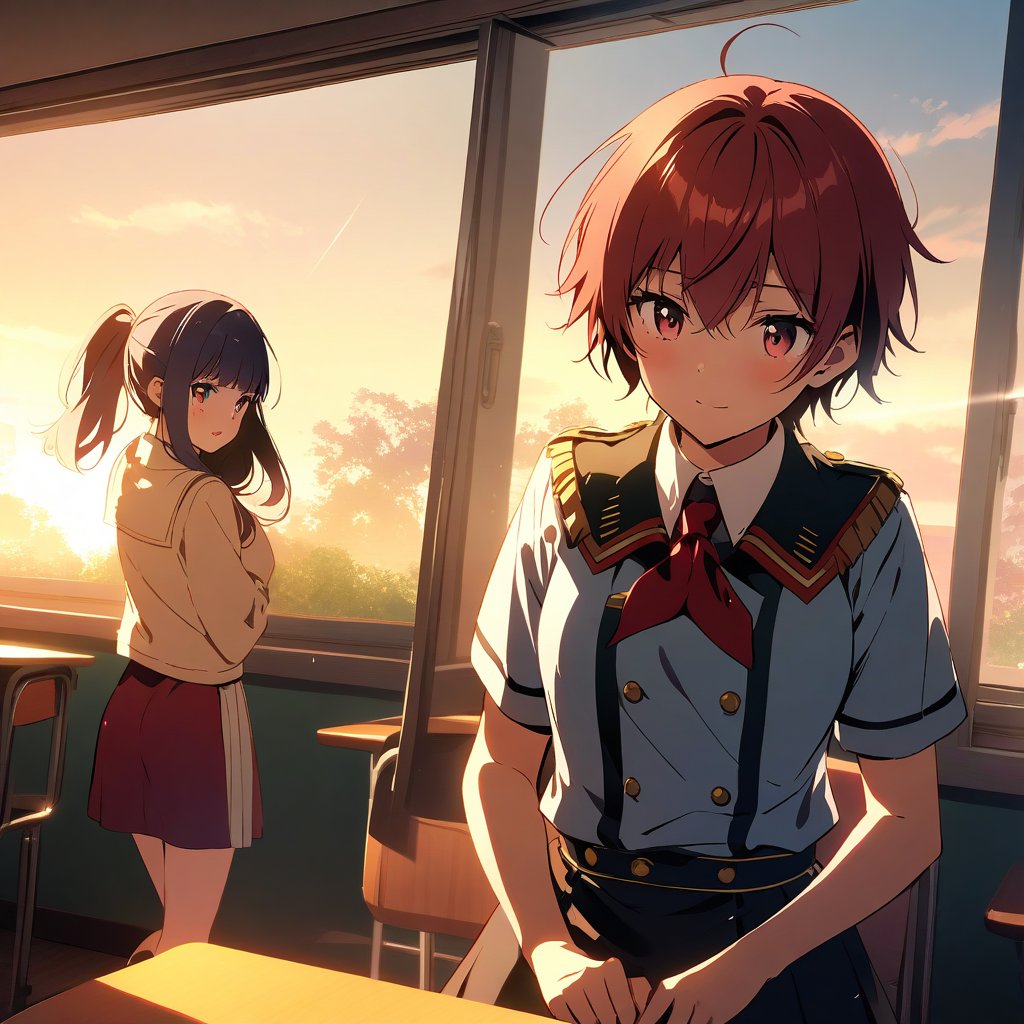 Campus youth love,There was a boy and a girl in uniform,In a classroom illuminated by the setting sun