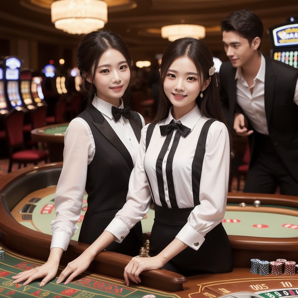 ((top-quality、masutepiece、8K、Top image quality、1 photo))、1人の女性、1 female、(White formal blouse、black suit vest、Black bow tie)、cowboy shot、Formal hairstyle、The background is a gorgeous casino、High end casino interior in the background、The most luxurious and luxurious casino、The finest royal casino、Smile at the camera