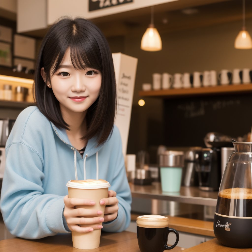 girl, Black Hair, Hairstyle: Short Bob,A look of disgust, smile, High-quality images, masterpiece, coffee shop,