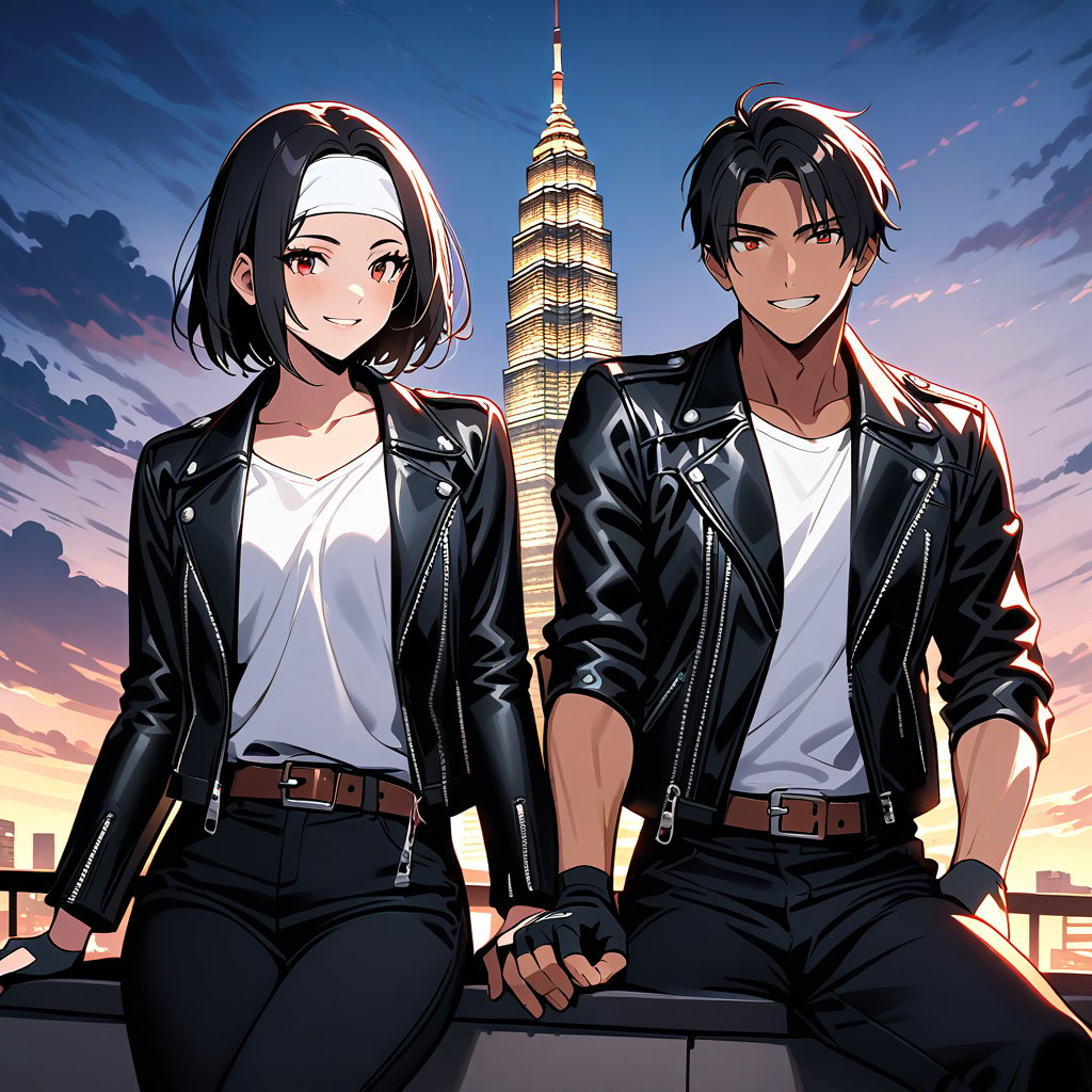 Orochiquillo, dark skin, couple, two people, man and woman, red eyes, ((black leather jacket with rolled up arms)), fingerless gloves, black hair, white t-shirt, ((white headband)), black pants, white shoes, brown belt, handsome, shot, charming, masterpiece, high resolution, detailed face, fine grain, evening, cloudy sky Confident smile, With lover, Petronas Twin Towers, Malaysia, Dining on terrace, Men and women wearing same hair and clothes and hairstyle, Holding hands, Toothy smile, Sitting cross-legged