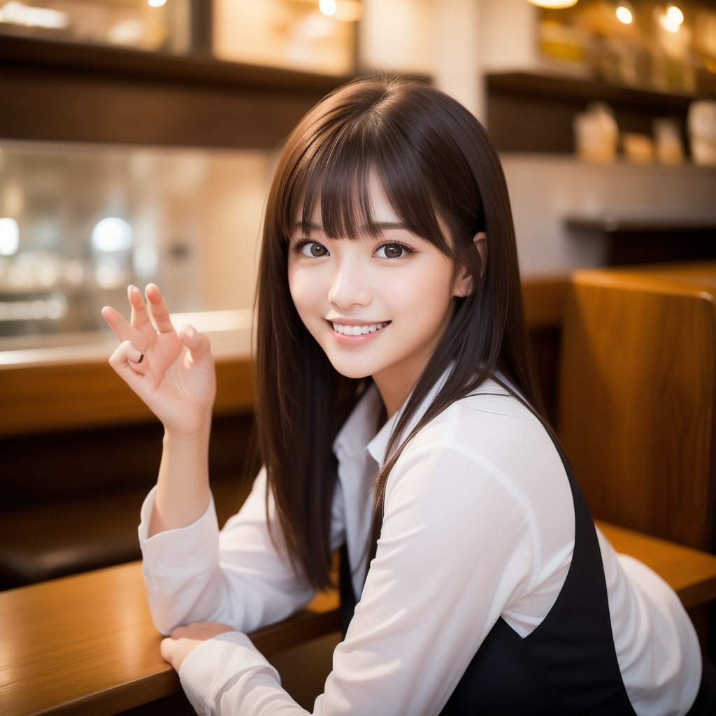 (looking away:1.5), Raising hand, ​masterpiece、top-quality、 A 25-year-old woman with medium hair and pink eyes with brown bangs.、white shirt、(smile:1.3)、open mouth, Close-up of your face、sitting on、The background is a restaurant、Bold composition、Upper body is shown、Alone、