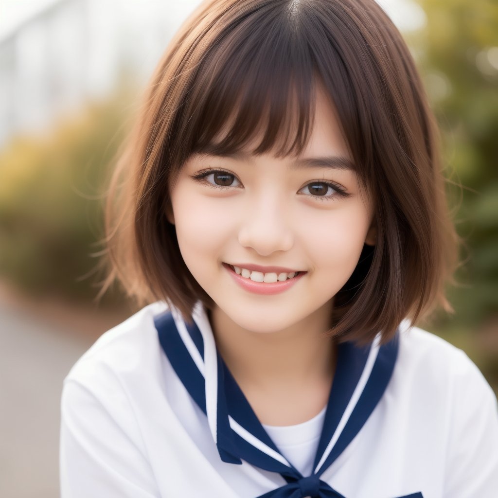 ((Best quality, 8K, masterpiece:1.3)), Japanese high school girl, short bob hair, wearing a sailor uniform, making a guts pose, confident smile, happy expression, on her way back from school, very detailed face and skin texture. (masterpiece, best quality, official art:1.2), one girl, (beautiful girl, delicate girl:1.3), (15 years old:1.3), very beautiful eyes, (symmetrical eyes:1.3), small chest, brown eyes, parted bangs, brown hair, (detailed eyes and face:1.0), (masterpiece, best quality, highly detailed, detailed face, 8K), big shy smile