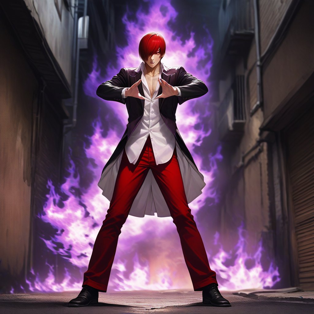 Score_9, score_8_up, score_7_up, score_6_up, 1boy, solo, fighting face, iori yagami, red hair, short hair, hair over one eye, red eyes, collarbone, (extra long white shirt), black jacket, red pants, chocker, black boots. Fighting stance, (big purple fire released widely from his open up palms:1.49), (dark purple fire element:1.5) burning brightly covered his outfits. Background is in front of alley behind a rundown tall apartment with rustic color theme with crescent moonlight in cloudy sky. RAW, Full body shoot, wide long shoot, side view, Extremely Realistic, ultra detail,fire element,composed of fire elements
