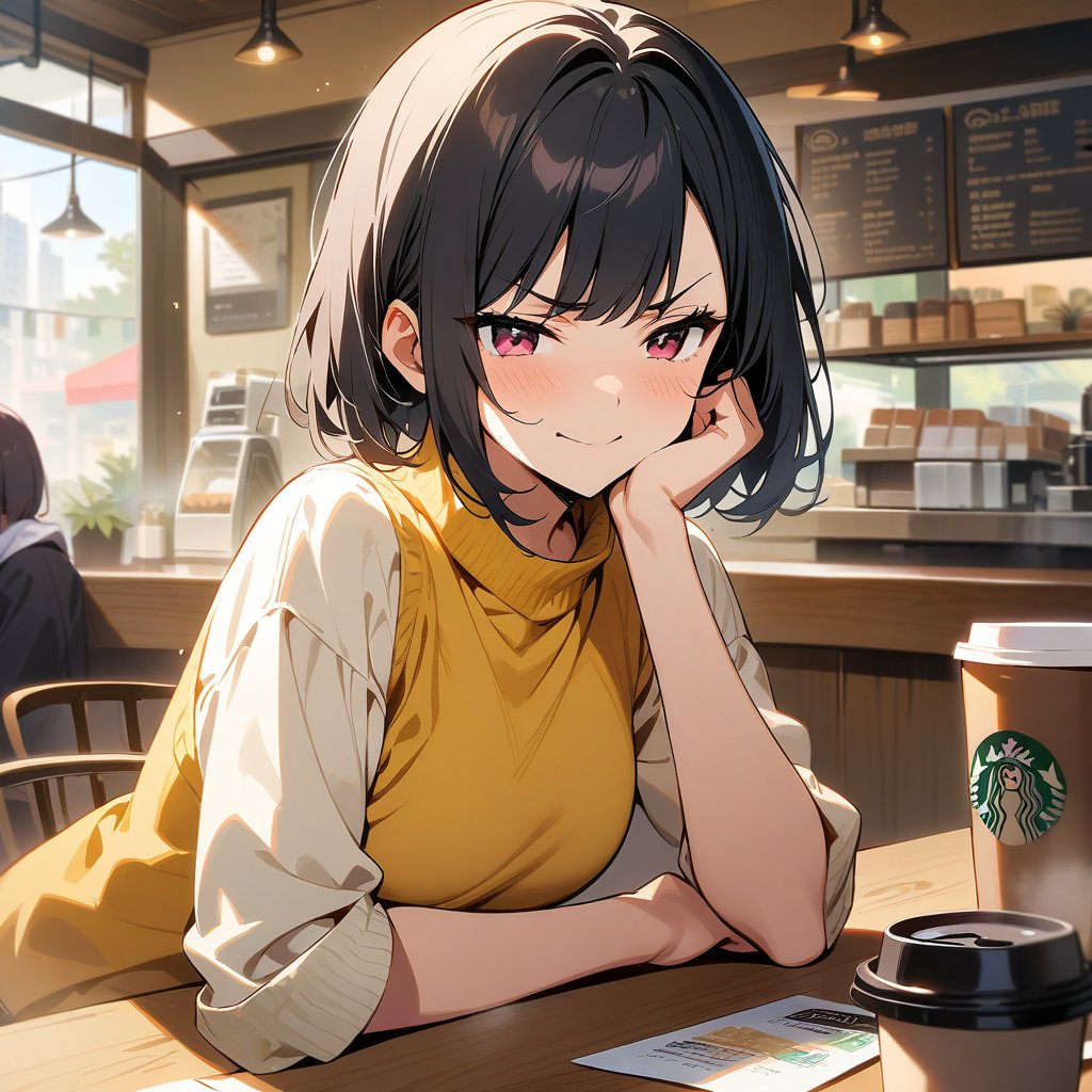 girl, Black Hair, Hairstyle: Short Bob,A look of disgust, smile, High-quality images, masterpiece, coffee shop,