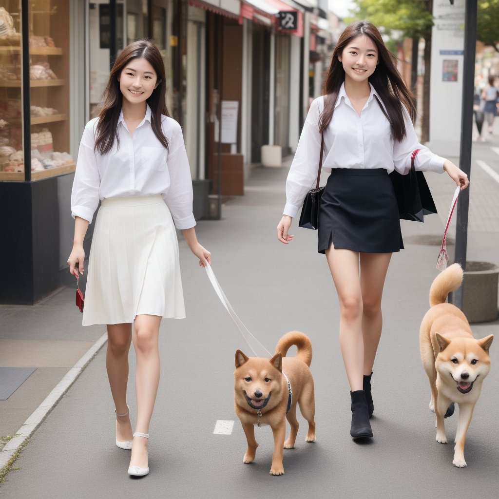 A 17-year-old Japanese woman walking a small red-brown Shiba Inu, wearing a stylish uniform (white shirt and skirt), medium hair, confident smile, walking through a shopping street. (best quality, 8K, masterpiece:1.3), highly detailed, realistic, high resolution