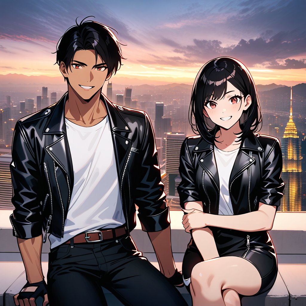 Orochiquillo, dark skin, couple, two people, man and woman, red eyes, ((black leather jacket with rolled up arms)), fingerless gloves, black hair, white T-shirt, ((white potholder)), black pants, white shoes, brown belt, handsome, shot, charming, masterpiece, high resolution, detailed face, fine grain, evening, cloudy sky, confident Full smile, With lover, Petronas Twin Towers, Malaysia, Dining on terrace, Same hair and clothes/hair style for both men and women, Hand on shoulder, Toothy smile, Sitting cross-legged