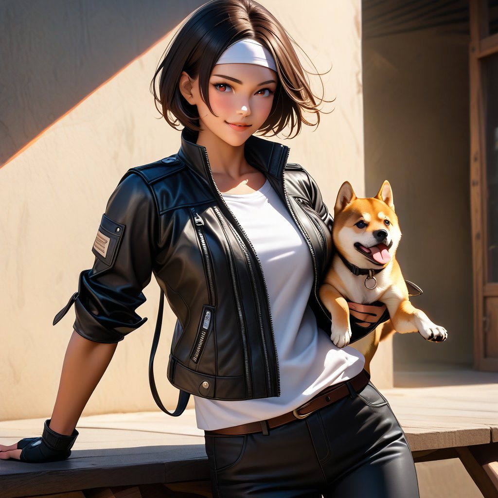 Short cut, dark hair, dark skin, red eyes, (girl walking with puppy:1.3), (Shiba Inu:1.3), holding leash, clear running water, beautiful mountains in background, ((black jacket with rolled up sleeves)), fingerless gloves, white T-shirt, ((white headband)), black pants, white shoes,. Wear a brown belt. Gently smiling, (beautiful girl), captivating smile, take a peek at the photographer, skin glistening with sweat, staring at the viewer, pointed red mouth, perfect round face,,proper body balance, intricate details, very delicate and beautiful hair, photo realistic, dreamy, professional lighting, realistic shadows, beautiful hands,. beautiful fingers,detailed finger features,detailed arm features,detailed clothing features,detailed hair features,detailed facial features,(tabletop,highest quality,ultra high resolution output image,),(8K quality,),(image mode Ultra HD,)