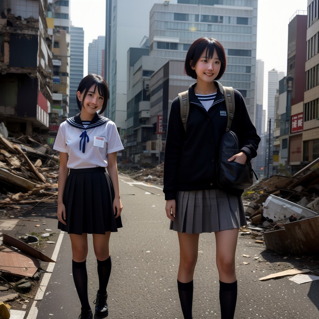 In a desolate, post-apocalyptic cityscape, a striking young woman stands amidst ruins, her short bob cut framing her heart-shaped face. Vibrant digital coloring brings out her striking features: black hair, teardrop-shaped left eye, and bright smile. She wears a best-quality sailor uniform with a pleated skirt, paired with a rugged rucksack, as she gazes down at the destroyed landscape. The once-vibrant city of Tokyo lies in shambles, bathed in dark hues, contrasting with her radiant presence. A Shiba Inu by her side, they stand united amidst the devastation, their bond unbroken.