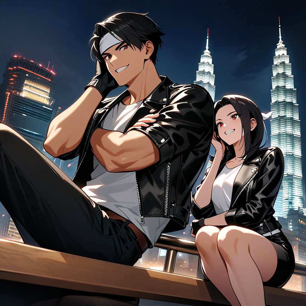 Orochiquillo, dark skin, couple, two people, man and woman, red eyes, ((black leather jacket with rolled up arms)), fingerless gloves, black hair, white T-shirt, ((white headband)), black pants, white shoes, brown belt, handsome, shot, charming, masterpiece, high resolution, detailed face, fine grain, night, cloudy sky, confident smiling, with lover, Petronas Twin Towers, Malaysia, dining on terrace, same clothes and hairstyle for both sexes, hands on head, toothy smile, sitting cross-legged