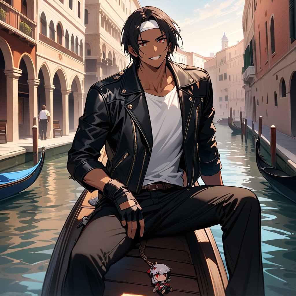 Orochikyo, 1 person, alone, Dark Skin,Red eyes,Black jacket, Fingerless gloves, White T-shirt, White headband, Black trousers, White shoes, Brown belt, good looking, charm, masterpiece, High resolution, Detailed face,fine grain, A confident grin,streets of venice,Riding a gondola