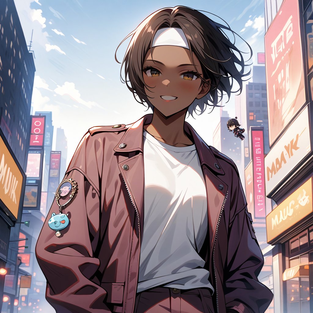 Orochikyo, 1 person, alone, Brown Skin,Mauve jacket, Fingerless gloves, White T-shirt, White headband, Mauve Pants, White shoes, whole body, good looking, charm, masterpiece, High resolution, Detailed face,fine grain, A confident smile,New York City