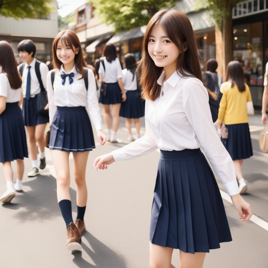 Japanese high school girl walking small reddish brown Shiba Inu, stylish school uniform (white shirt and skirt), medium hair, confident smile, walking in shopping street. (Top quality, 8K, Masterpiece:1.3), highly detailed, realistic, high resolution