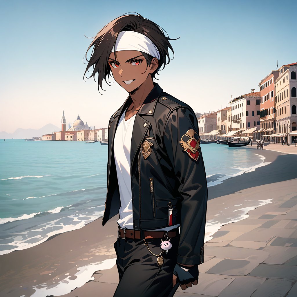 Orochikyo, 1 person, alone, Brown Skin,Red eyes,Black jacket, Fingerless gloves, White T-shirt, White headband, Black trousers, White shoes, Brown buckleless belt, good looking, charm, masterpiece, High resolution, Detailed face,fine grain, A confident grin,Walking along the seaside in Venice