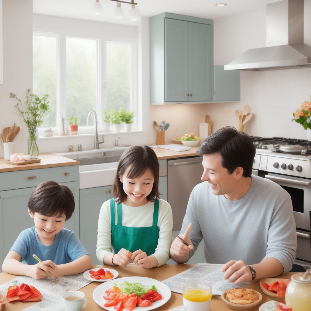 Create a charming scene of a happy family morning, where everyone is joyfully engaged in breakfast. The mother is in the kitchen, preparing something delicious, while the father reads the newspaper. Two young children, a boy and a girl, are excited and smiling at the table. The image should have a watercolor-drawn style, providing a dynamic and realistic feel with rich details. Use vibrant colors, plenty of light, and emphasize details to capture the attention of children.