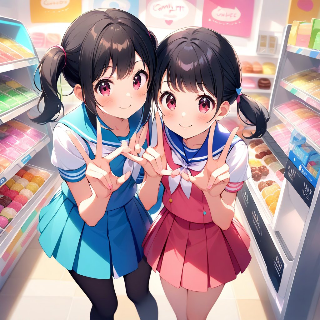 A confident smile, Two students demonstrating a gesture commonly associated with a peace sign while speaking by a cute student in a brightly lit convenience store, slacks, Black Hair, Looking at sweets, skirt, Cute hairstyles such as ponytails、Cute colored sailor uniform、 ((((complete fiでe fingers))))