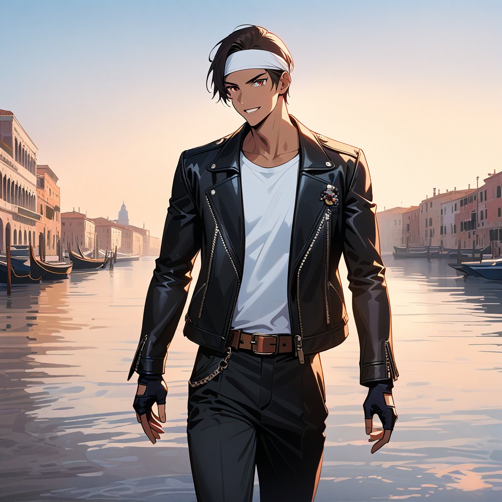 Orochikyo, 1 person, alone, Brown Skin,Red eyes,Black jacket, Fingerless gloves, White T-shirt, White headband, Black trousers, White shoes, Brown buckleless belt, good looking, charm, masterpiece, High resolution, Detailed face,fine grain, A confident grin,Walking along the seaside in Venice