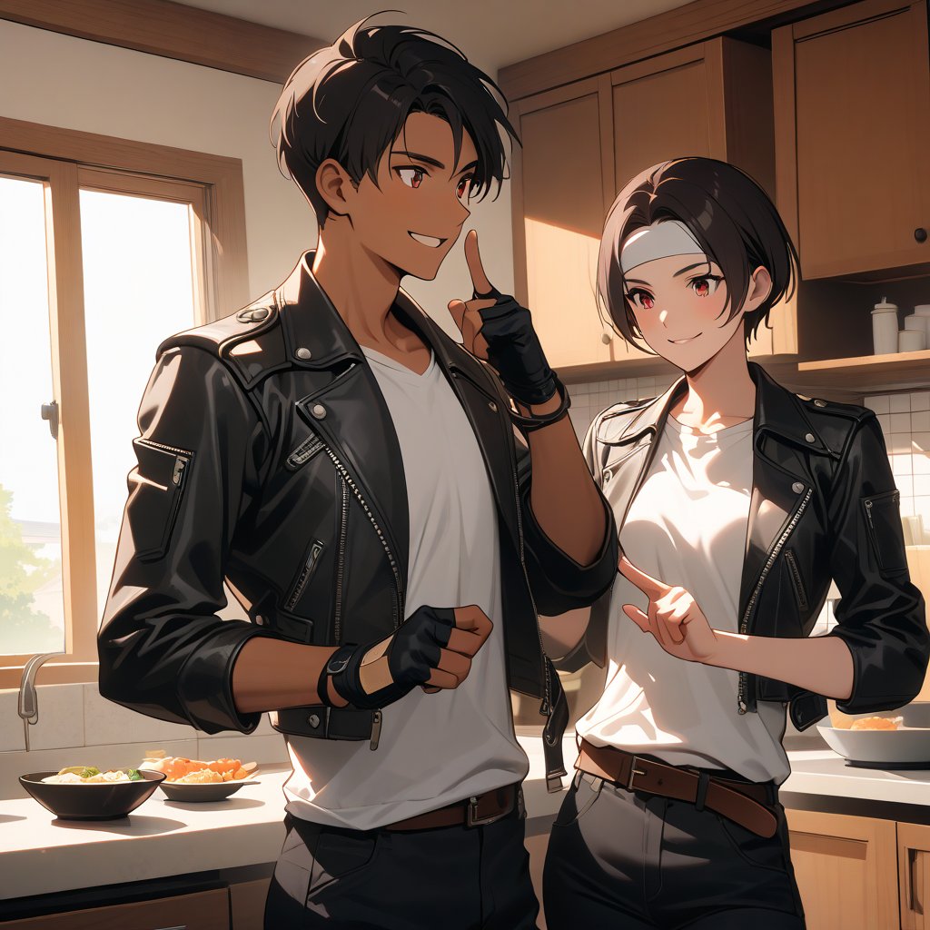 ((Best Picture Quality, 8K, Masterpiece:1.3)), dark hair, short cut, dark skin, red eyes, couple, dressed in ((black leather jacket with rolled up arms)), fingerless gloves, white T-shirt, ((white headband)), black pants, white shoes and brown belt. Smiling confidently, in kitchen with large window, enjoying, making Japanese food, smiling child, talking, peace sign gesture, short dark hair, student, indoors, face very fine, fingers very fine