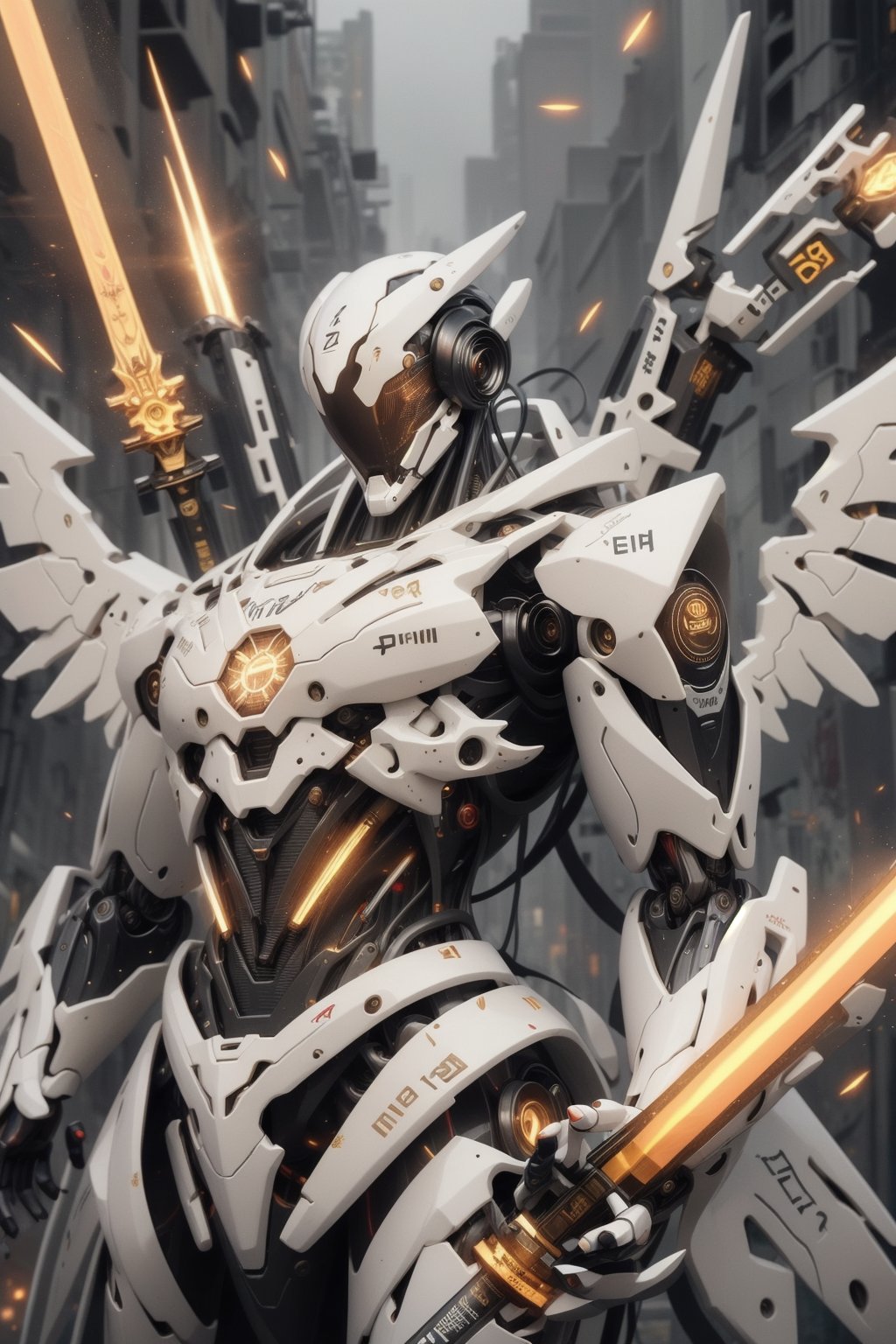 mecha, robot, no_humans, weapon, holding, sword, solo, wings, holding_weapon, mechanical_wings, beam_saber, v-fin, holding_sword, dual_wielding, science_fiction, grey_background, energy_sword, glowing
