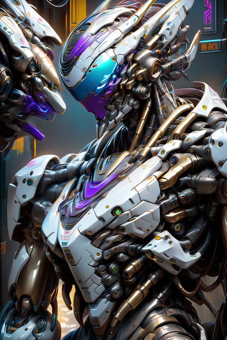 A close-up of a robot wearing a helmet, cyberpunk art by Android Jones, cgsociety, computer art, intricate detail, vibrant colors, neon lighting, futuristic design, high-tech textures, and a metallic finish. The image features a dynamic camera angle with dramatic lighting creating depth and highlighting the robot's detailed surfaces. The color palette includes vivid blues, purples, and greens, contributing to the overall mood of a high-tech, cyberpunk future. Extremely Realistic, Hyper Detailed, Cinematic Lighting Photography capturing every intricate detail, shot on nvidia rtx for realism, showcasing super-resolution and rendered in Unreal 5. Enhanced with subsurface scattering and PBR texturing for a lifelike appearance.