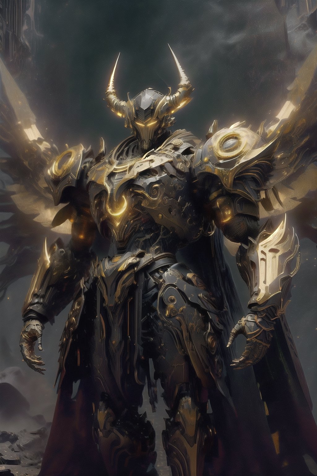Create image of a futuristic, biomechanical warrior standing majestically. The figure is predominantly ivory and metallic gold with orange-glowing intricate patterns resembling circuitry across the body. Style is detailed and hyper-realistic, textures suggesting both organic and synthetic materials. The warrior's armor is highly ornamental and segmented, comprising layered plate-like structures with curvilinear edges and sharp spikes. The helmet features elongated, horn-like protrusions that arch backwards and taper to fine points, with a V-shaped visor that obscures the eyes, emitting an orange glow. Proportions are heroic, slightly elongated and exaggerated, with broad shoulders and a tapered waist, creating an imposing presence. The armor's design is anatomical, with each piece following the form of the muscles beneath. The background is a deep space scene, predominantly black with soft white star highlights, providing contrast that emphasizes the figure. There are subtle nebulas with faint hints of blue and purple, adding depth but not distracting from the main subject. The foreground focuses on the figure, with no additional elements to challenge the dominance of the warrior. Light sources seem to come from multiple directions, creating dynamic lighting which accentuates the textures and details of the armor, especially the glowing patterns. science fiction, hdr, ray tracing, nvidia rtx, super-resolution, unreal 5, subsurface scattering, pbr texturing, post-processing, anisotropic filtering, depth of field, maximum clarity and sharpness, 