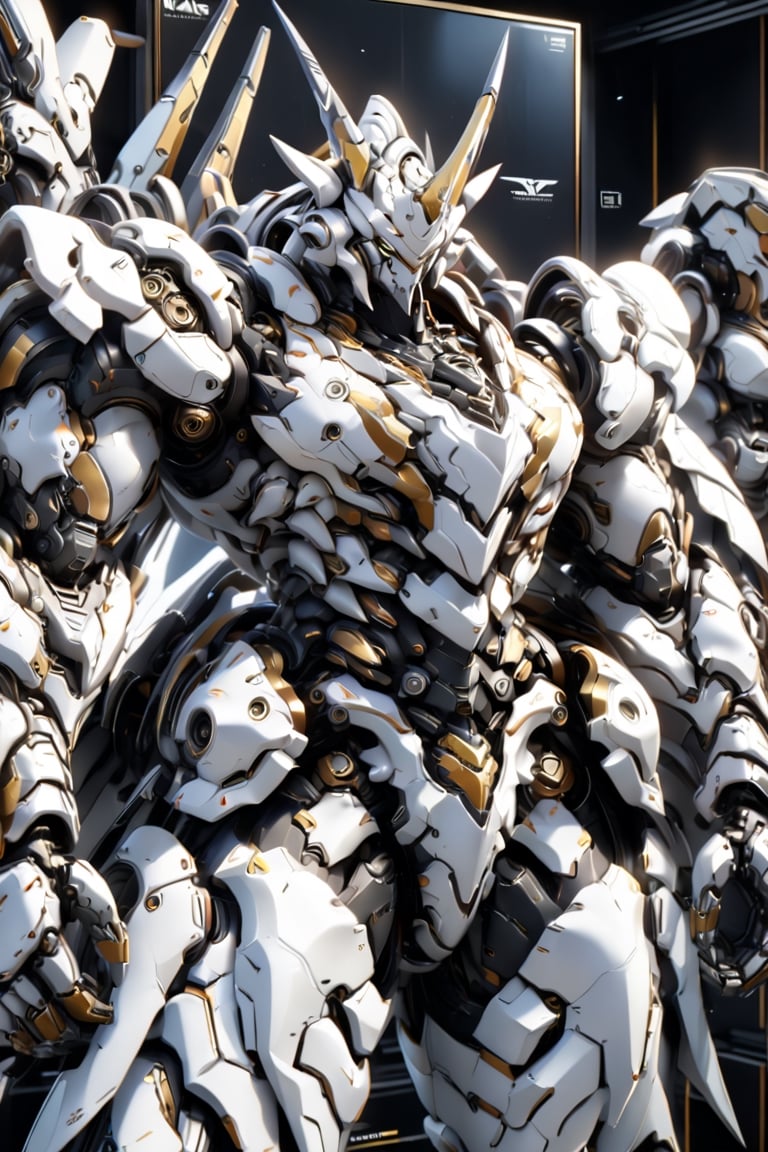 An white rhino Robot Mecha Soldier, Wearing Futuristic white and gold Soldier Armor and Weapons, front view, Reflection Mapping, Realistic Figure, Hyper Detailed, Cinematic Lighting Photography, nvidia rtx, super-resolution, unreal 5, subsurface scattering, pbr texturing, 32k UHD,robot