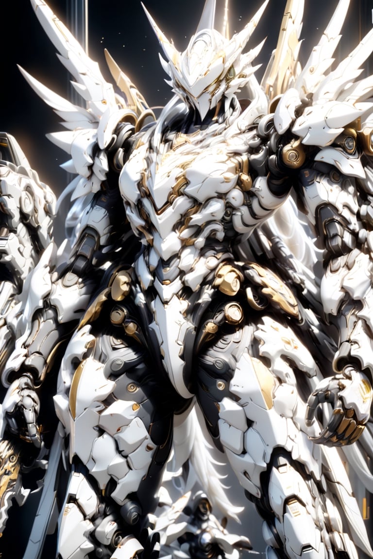 An white dragon Robot Mecha Soldier, Wearing Futuristic white and gold Soldier Armor and Weapons, front view, Reflection Mapping, Realistic Figure, Hyper Detailed, Cinematic Lighting Photography, nvidia rtx, super-resolution, unreal 5, subsurface scattering, pbr texturing, 32k UHD