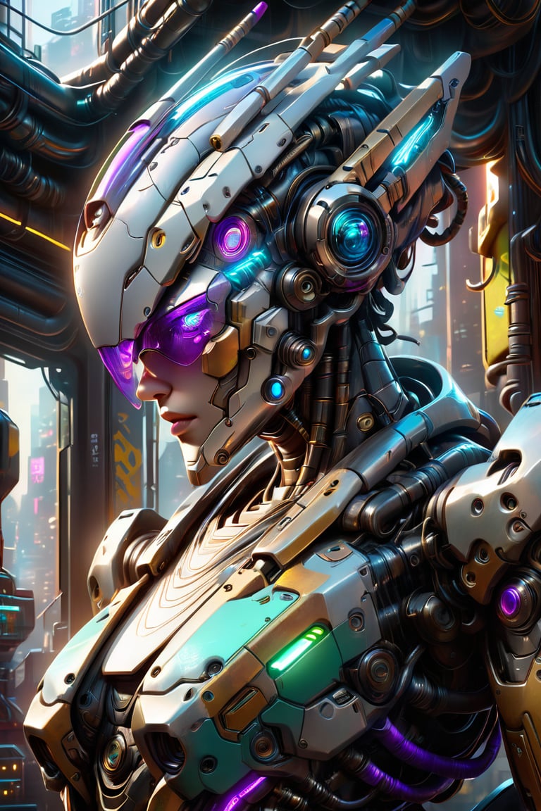 A close-up of a robot wearing a helmet, cyberpunk art by Android Jones, cgsociety, computer art, intricate detail, vibrant colors, neon lighting, futuristic design, high-tech textures, and a metallic finish. The image features a dynamic camera angle with dramatic lighting creating depth and highlighting the robot's detailed surfaces. The color palette includes vivid blues, purples, and greens, contributing to the overall mood of a high-tech, cyberpunk future. Extremely Realistic, Hyper Detailed, Cinematic Lighting Photography capturing every intricate detail, shot on nvidia rtx for realism, showcasing super-resolution and rendered in Unreal 5. Enhanced with subsurface scattering and PBR texturing for a lifelike appearance.