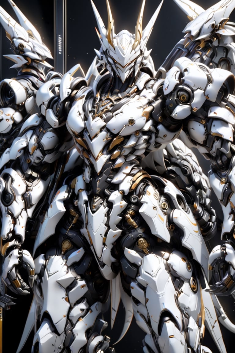 An white dragon Robot Mecha Soldier, Wearing Futuristic white and gold Soldier Armor and Weapons, front view, Reflection Mapping, Realistic Figure, Hyper Detailed, Cinematic Lighting Photography, nvidia rtx, super-resolution, unreal 5, subsurface scattering, pbr texturing, 32k UHD,robot