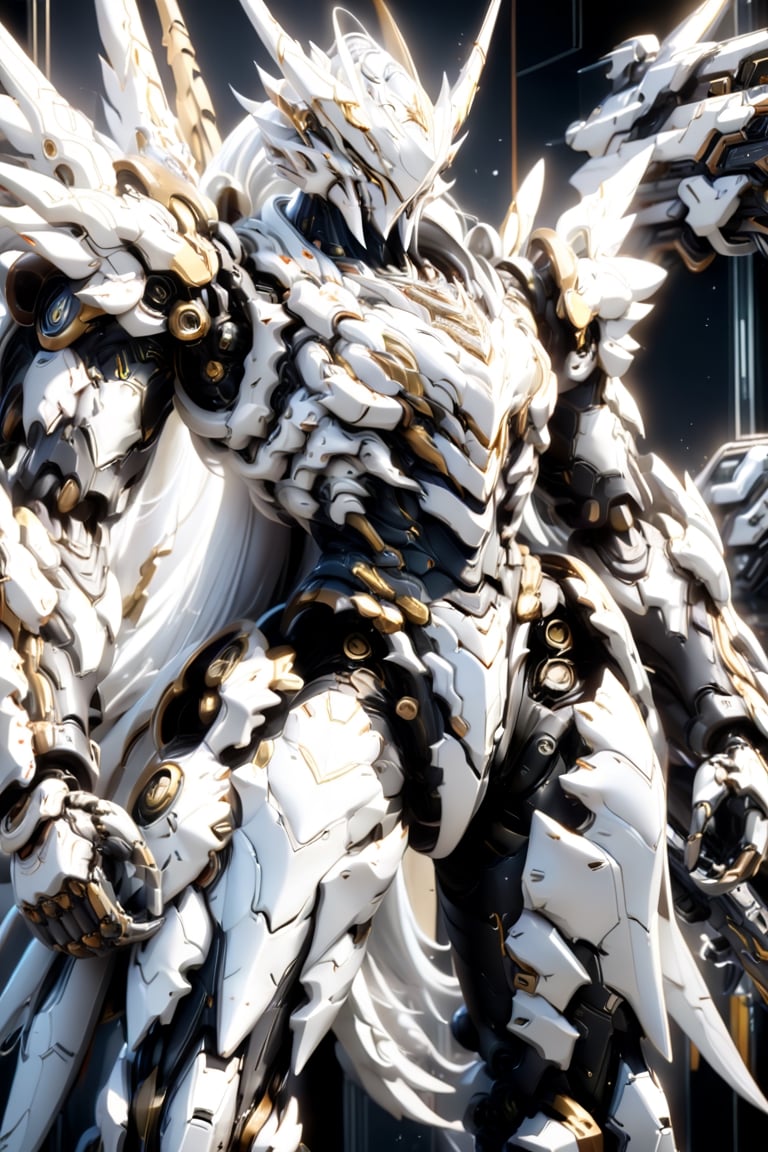 An white dragon Robot Mecha Soldier, Wearing Futuristic white and gold Soldier Armor and Weapons, front view, Reflection Mapping, Realistic Figure, Hyper Detailed, Cinematic Lighting Photography, nvidia rtx, super-resolution, unreal 5, subsurface scattering, pbr texturing, 32k UHD