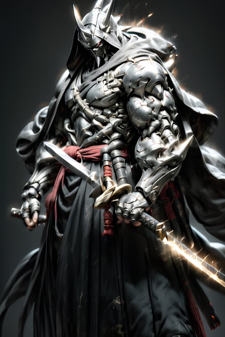 hyper realistic high definition photography image of a hooded warrior wearing a black robe, simple samurai attire, long silver glistening gothic looking sword, in striking style, the blade in motion captured like long exposure. dark grey background, very low light. each detail in high definition. 64k.