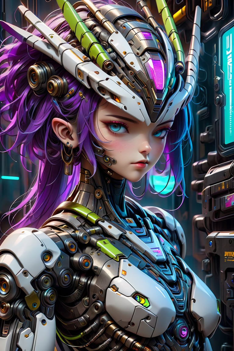 A close-up of a robot wearing a helmet, cyberpunk art by Android Jones, cgsociety, computer art, intricate detail, vibrant colors, neon lighting, futuristic design, high-tech textures, and a metallic finish. The image features a dynamic camera angle with dramatic lighting creating depth and highlighting the robot's detailed surfaces. The color palette includes vivid blues, purples, and greens, contributing to the overall mood of a high-tech, cyberpunk future. Extremely Realistic, Hyper Detailed, Cinematic Lighting Photography capturing every intricate detail, shot on nvidia rtx for realism, showcasing super-resolution and rendered in Unreal 5. Enhanced with subsurface scattering and PBR texturing for a lifelike appearance.