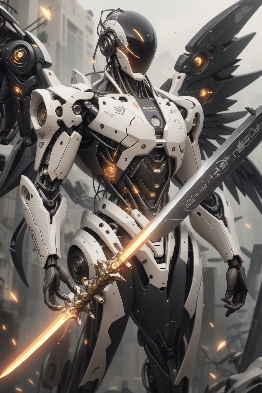 mecha, robot, no_humans, weapon, holding, sword, solo, wings, holding_weapon, mechanical_wings, beam_saber, v-fin, holding_sword, dual_wielding, science_fiction, grey_background, energy_sword, glowing