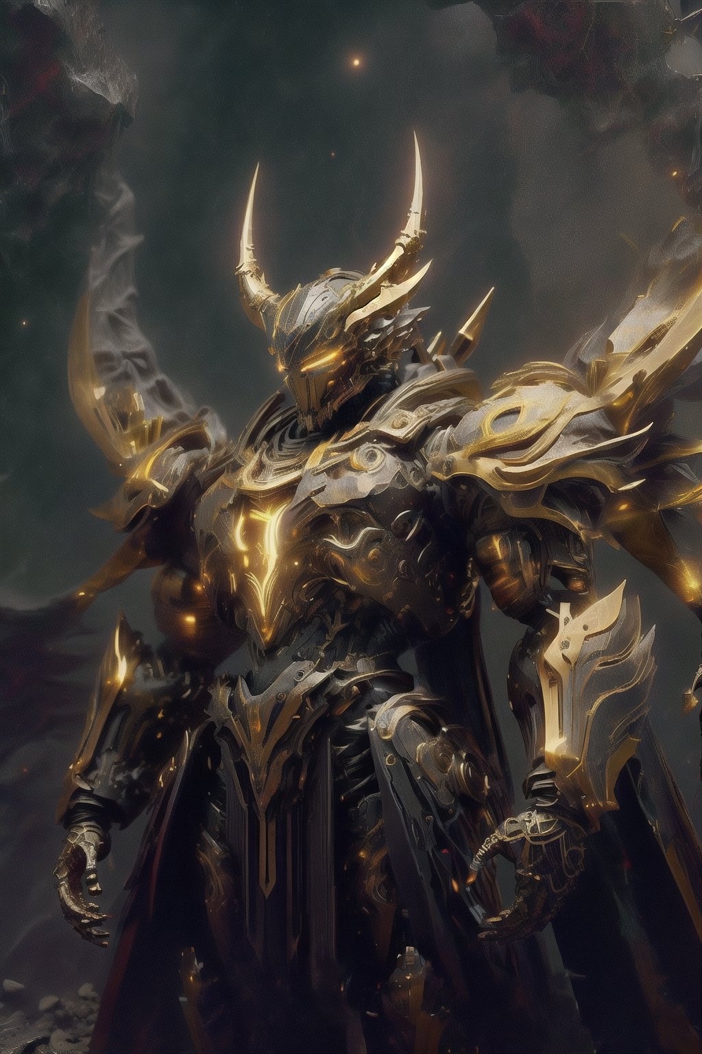 Create image of a futuristic, biomechanical warrior standing majestically. The figure is predominantly ivory and metallic gold with orange-glowing intricate patterns resembling circuitry across the body. Style is detailed and hyper-realistic, textures suggesting both organic and synthetic materials. The warrior's armor is highly ornamental and segmented, comprising layered plate-like structures with curvilinear edges and sharp spikes. The helmet features elongated, horn-like protrusions that arch backwards and taper to fine points, with a V-shaped visor that obscures the eyes, emitting an orange glow. Proportions are heroic, slightly elongated and exaggerated, with broad shoulders and a tapered waist, creating an imposing presence. The armor's design is anatomical, with each piece following the form of the muscles beneath. The background is a deep space scene, predominantly black with soft white star highlights, providing contrast that emphasizes the figure. There are subtle nebulas with faint hints of blue and purple, adding depth but not distracting from the main subject. The foreground focuses on the figure, with no additional elements to challenge the dominance of the warrior. Light sources seem to come from multiple directions, creating dynamic lighting which accentuates the textures and details of the armor, especially the glowing patterns. science fiction, hdr, ray tracing, nvidia rtx, super-resolution, unreal 5, subsurface scattering, pbr texturing, post-processing, anisotropic filtering, depth of field, maximum clarity and sharpness, 