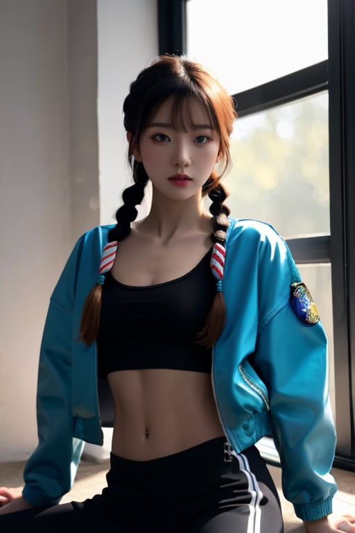 1:4, blue half jacket, wearing black pants with white stripes, BLACK colored short shirt, barely visible woman abs, shorter neck, otherworldly radiance on its surroundings, small navel and small shiny detailed diamond piercing, sun rays coming through the window in the background, gym background, posing, closed mouth, bending over, hairstyle( wolf cut), sligthly closed blue eyes, side veiw, looking dead inside ( Lots of tiny details, amazing lighting, amazing setting),(Colorful, Ultra Realistic, High quality, Highly detailed, Sharp focus, 4K UHD, Ultra realism lots of particles around, ,perfect eyes.,TwinSideBraids,