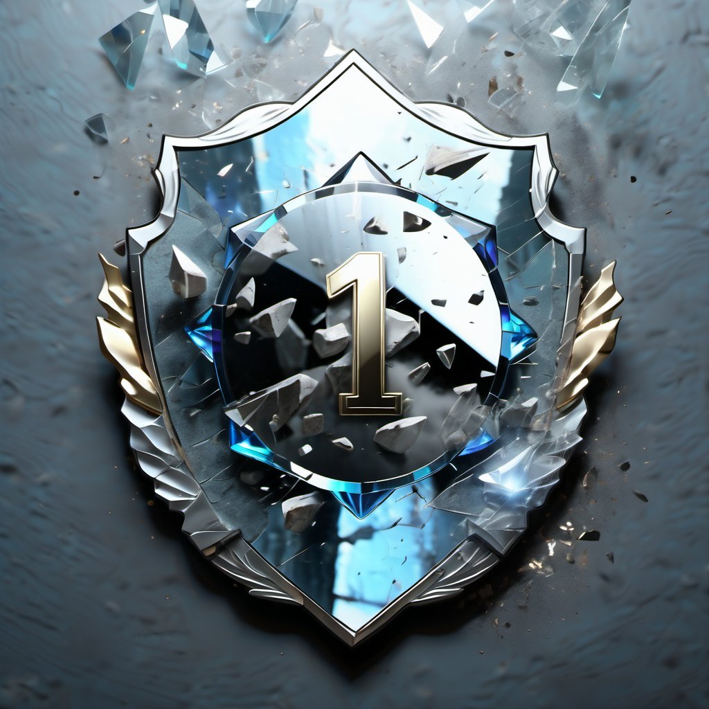 Badge, glass background smoke, between broken glass mirror background, radiant lights, shattered earthquake background with glass rubble, shards,Text,dvr-txt only english, text as "1st_Anniversary"