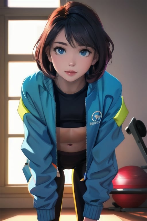 1:4, blue half jacket, wearing black pants with white stripes, BLACK colored short shirt, barely visible woman abs, shorter neck, otherworldly radiance on its surroundings, small navel and small shiny detailed diamond piercing, sun rays coming through the window in the background, gym background, posing, closed mouth, bending over, hairstyle( wolf cut), sligthly closed blue eyes, side veiw, looking dead inside ( Lots of tiny details, amazing lighting, amazing setting),(Colorful, Ultra Realistic, High quality, Highly detailed, Sharp focus, 4K UHD, Ultra realism lots of particles around, ,perfect eyes, eye makeup,Extremely Realistic,milf